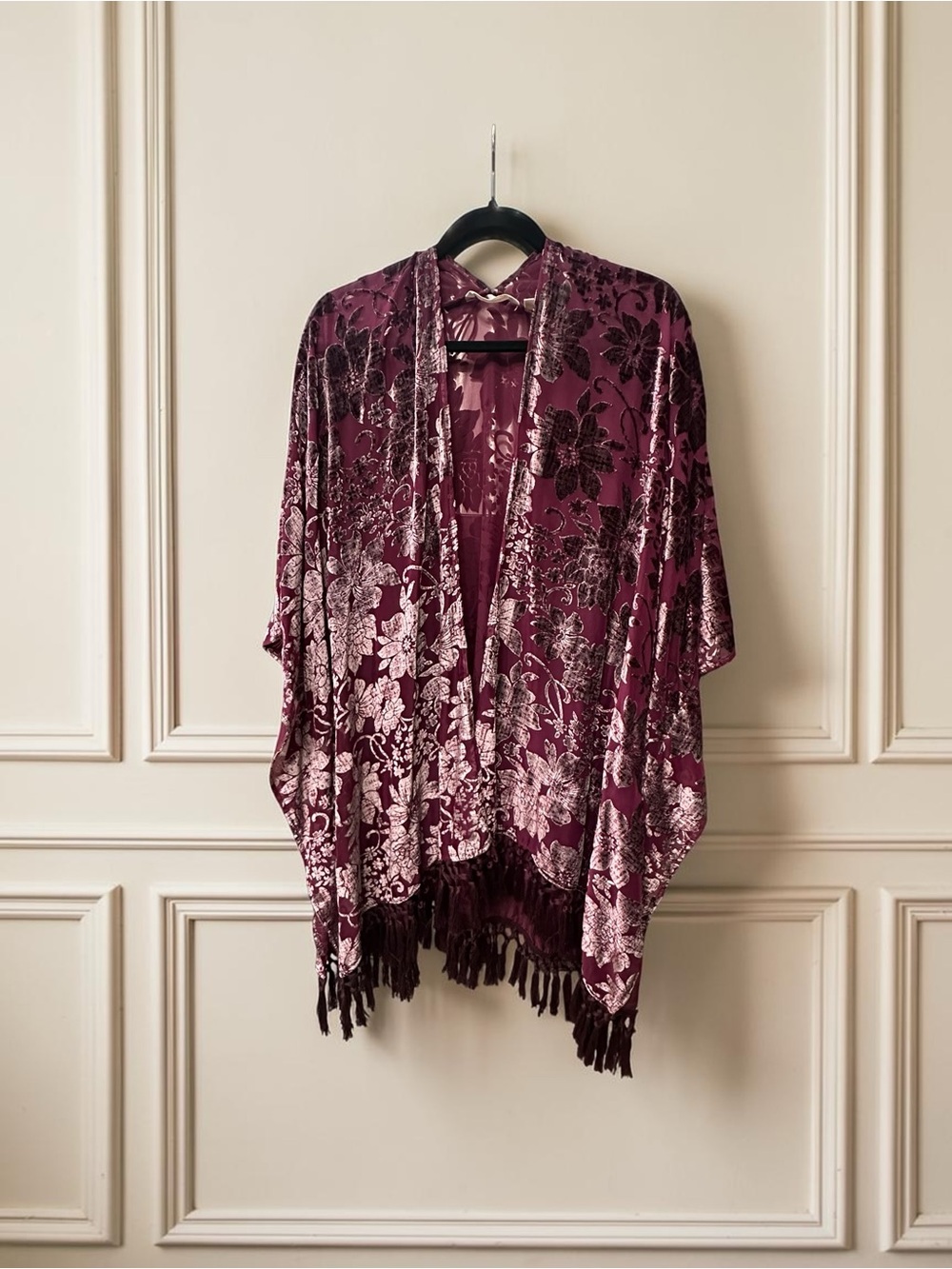 Soft Surroundings Sheer With Velvet Floral Open Front Kimono. Dark Plum. OS